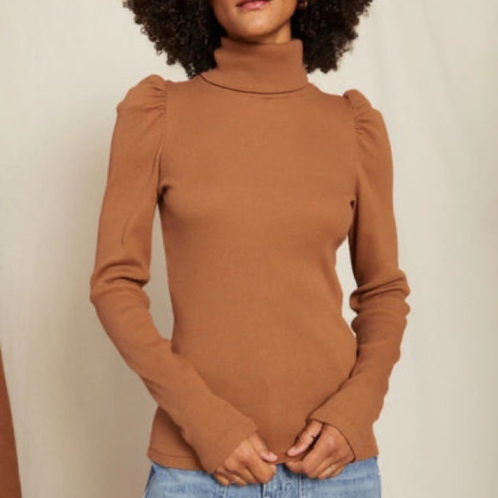 AMO Puff Sleeve Turtleneck Ribbed Sepia Medium - Picture 1 of 6